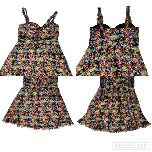 Rampage Black Yellow Pink Floral Sleeveless Sweetheart Babydoll Mini Dress Sz 9 - Picture 3 of 10